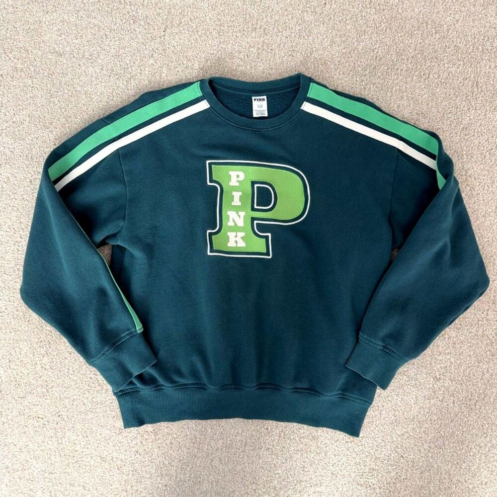 Victorias Secret PINK Green Varsity Logo Sweatshirt S Preppy Collegiate Pullover